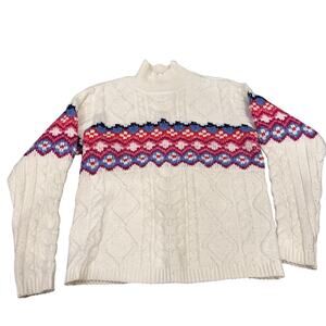St. Johns Bay Sweater Womens Size L White Fair Isle Mock Turtleneck Cable Knit